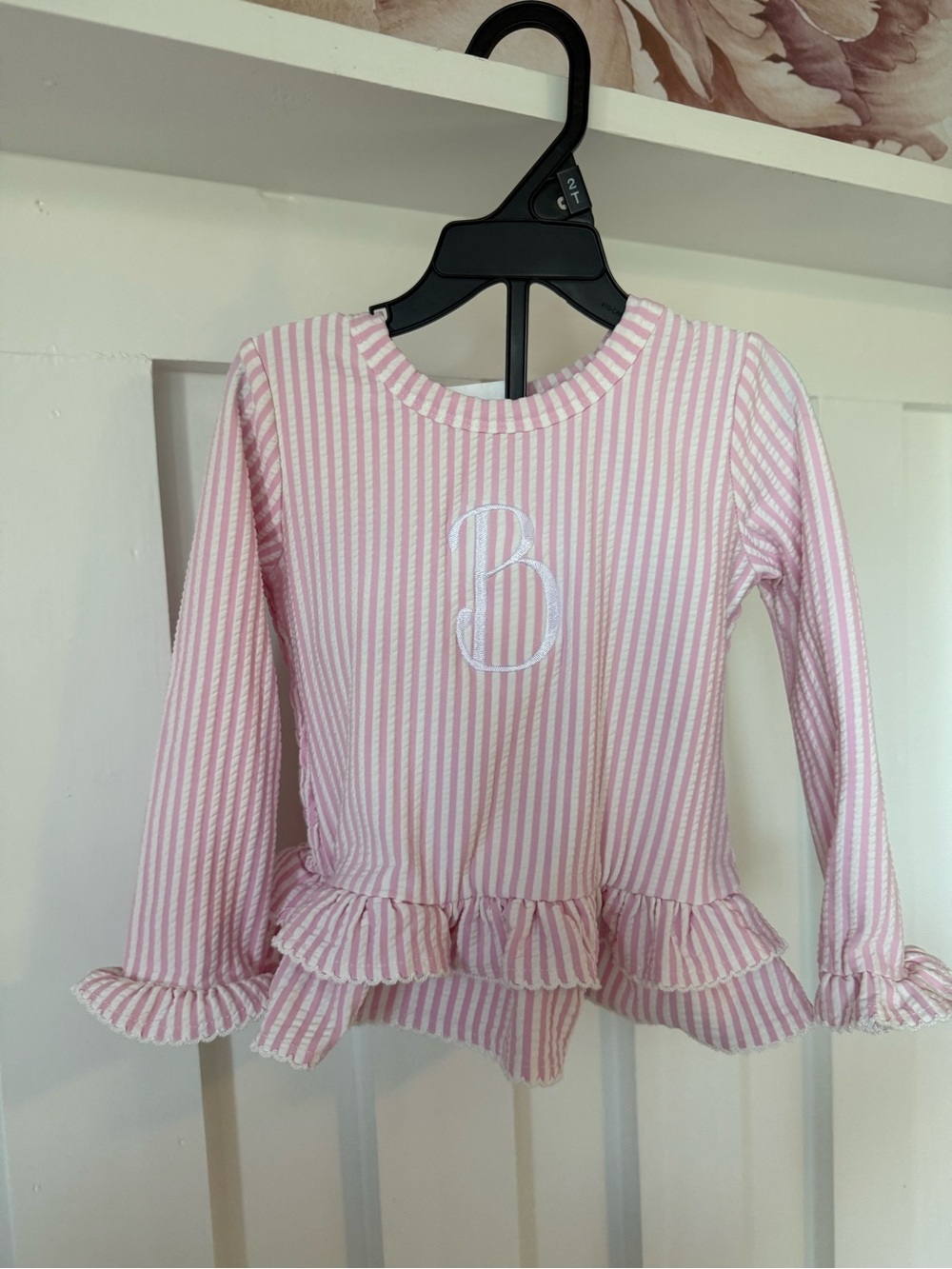 Kids Pink Striped Long-Sleeve Rashguard Top with Ruffle Hem